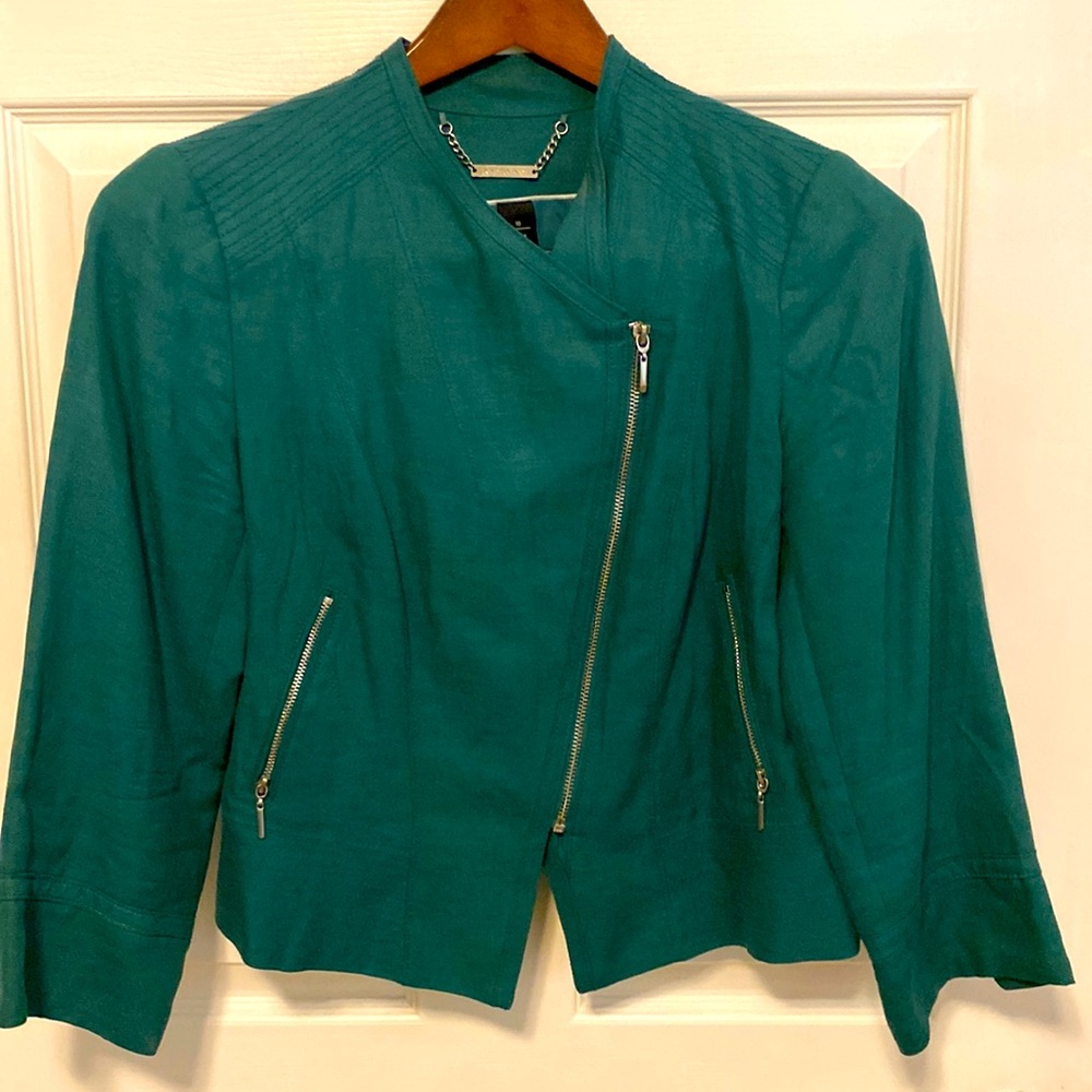 WHBM size 10 teal linen 3/4 sleeve side zip jacket